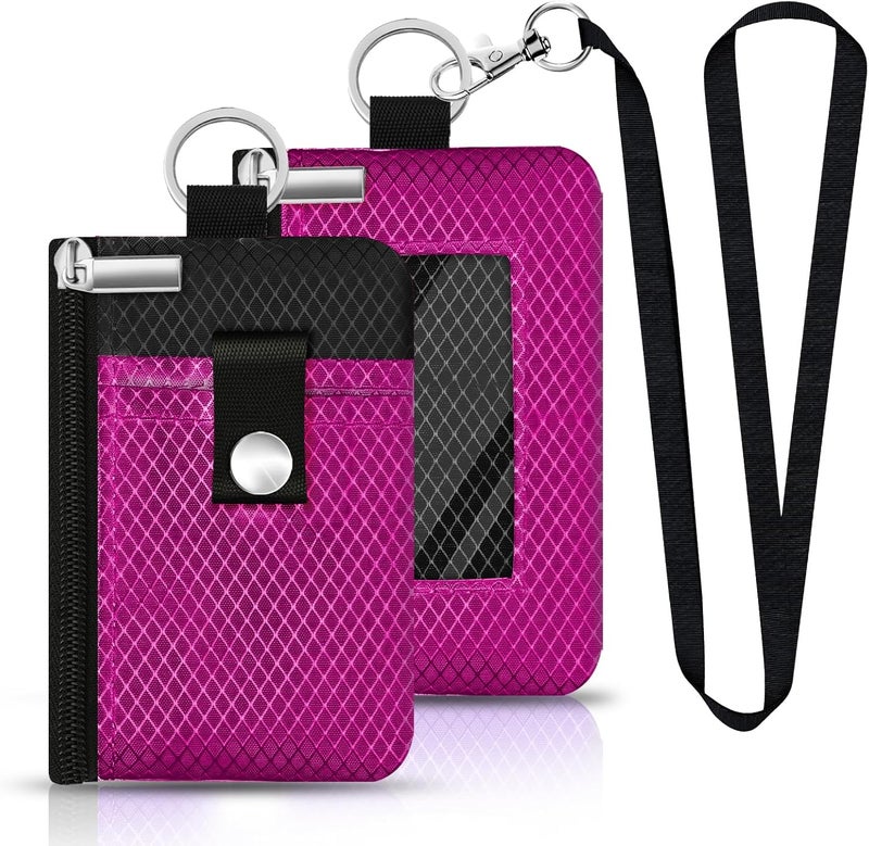 CCUMI Minimalist RFID Blocking Small Wallet with ID Window,WaterResistant Zip Id Case Wallet with Lanyard Keychain for Cards,Cash,Travel,Women,Men (Purplish Red/Black) - Image 1